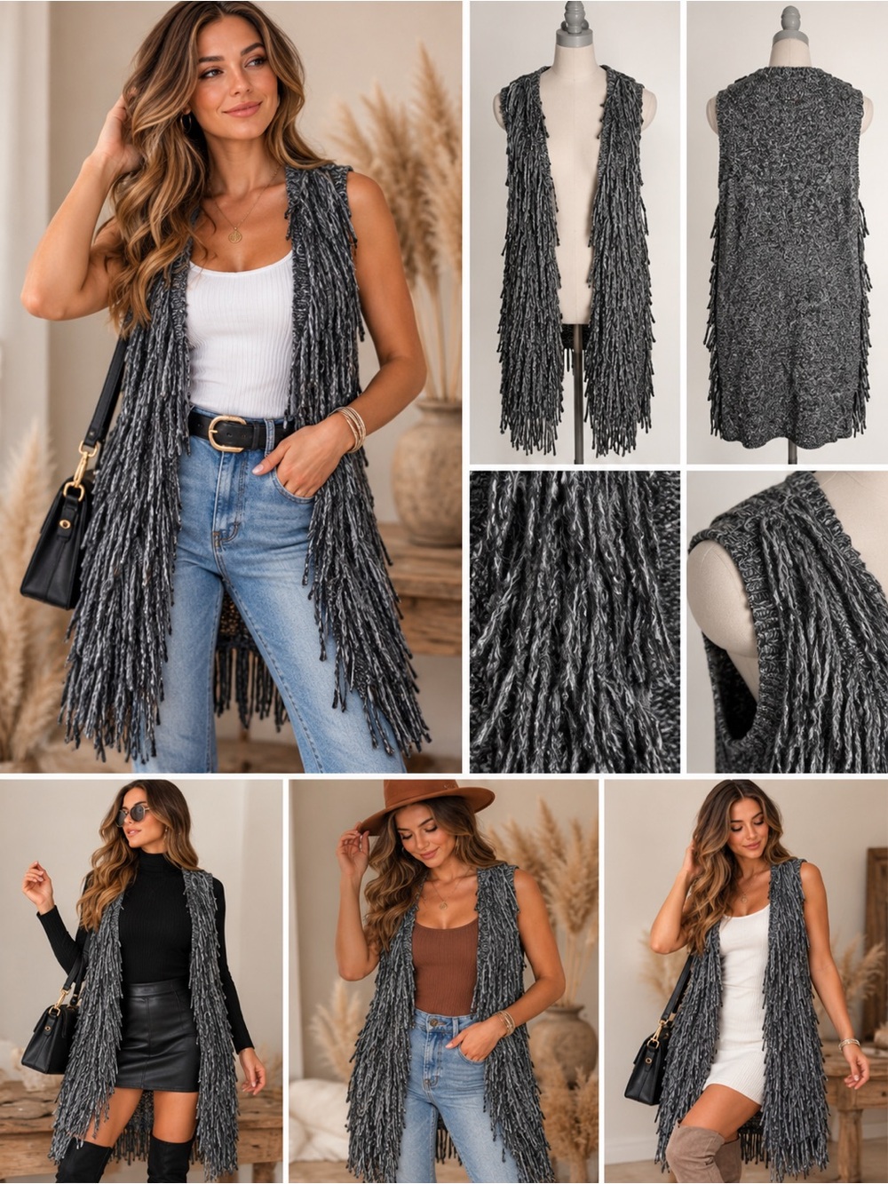 H&M Gray Fringe Longline Knit Sweater Vest Boho Western Shag Size Small